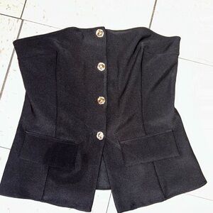 Large Strapless Black Button-Front Women's Vest with Flap Pockets Luxury Style
